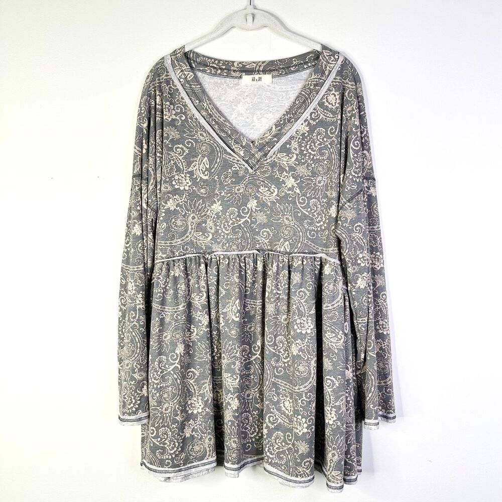 Jade by Jane Top Women 2X Gray Tunic Babydoll Lagenlook Cottage Stretch NWOT
